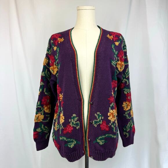 Vintage Robert Scott Knit Floral Cardigan Sweater Purple Cottagecore Grandma S - Picture 4 of 12
